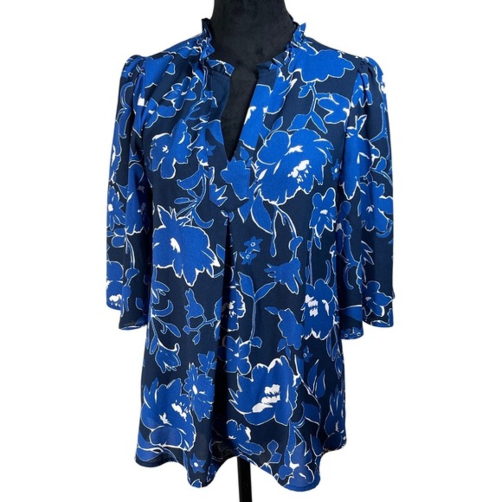 Olivia & Martin Blue Floral V Neck Ruffle Collar 3/4‎ Sleeve Tunic Top Size M